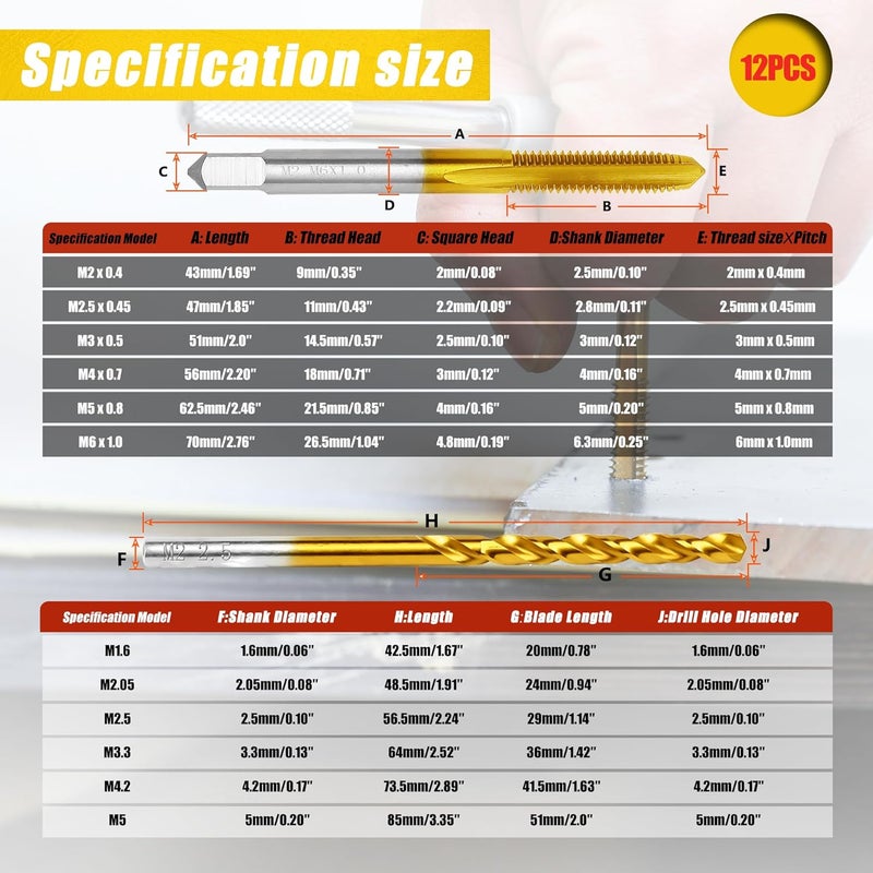 RURITKIT 12Pcs Metric Drill and Tap Set with 1Pc Tap Wrench, M2 HSS Thread Tap Set from M2 to M6, Combination of Drill and Tap Set for Metal,with Box - Image 2